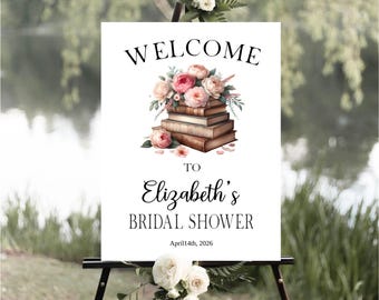 Book Themed Bridal Shower Welcome Sign, Vintage Books and Pink Peony Flowers, A New Chapter, Printable