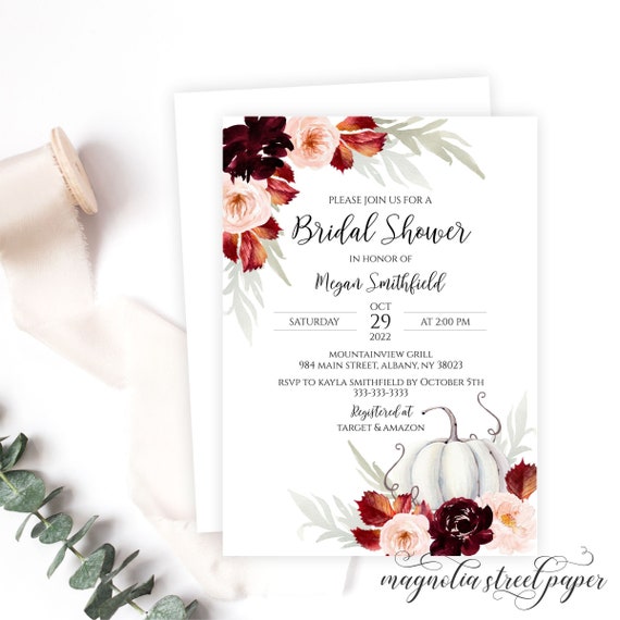 Fall Bridal Shower Invitation, White Pumpkin, Burgundy and Blush Flowers, and Autumn Leaves, Spooky Halloween, Printable or Printed
