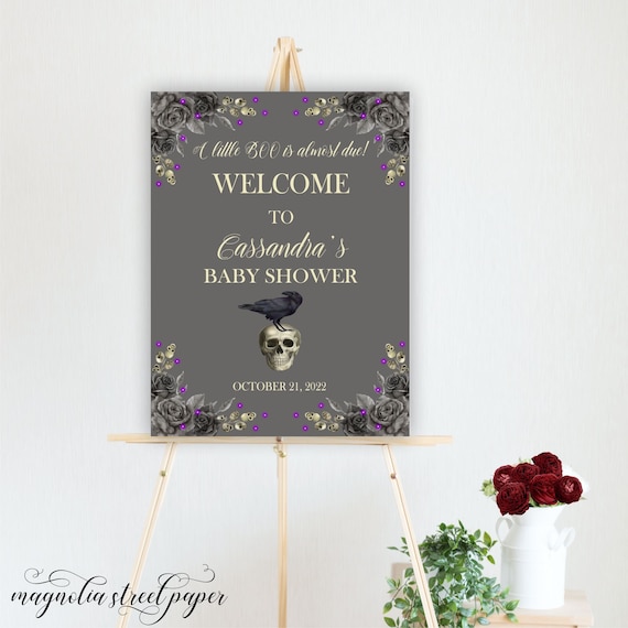 Halloween Gothic Baby Shower Welcome Sign, Skull and Raven Gender Neutral Signage Decor, Black and Gray Roses and Purple Lights, Printable