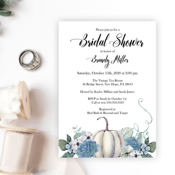 White Pumpkin Bridal Shower Invitation, Autumn Dusty Blue Floral Wedding Shower Invite, Printable or Printed