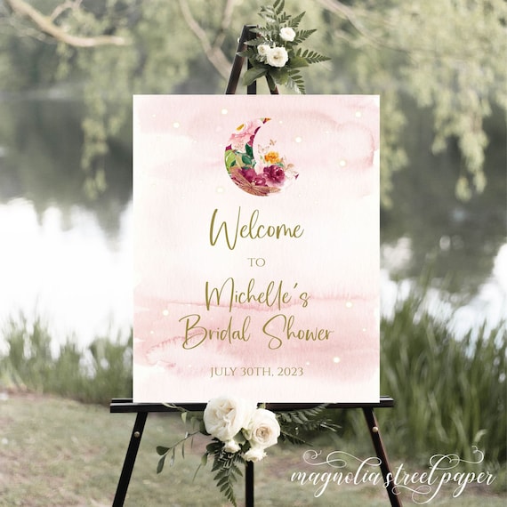 Celestial Bridal Shower Welcome Sign, Boho Bride Pink and Gold Moon Watercolor Sign, Written In the Stars, Printable Il_570xn