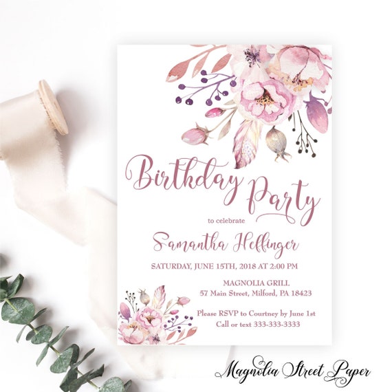 Pink Floral Birthday Invitation, Women's Adult Peony or Magnolia Invite, Milestone Spring Boho Garden Party, Printable or Printed