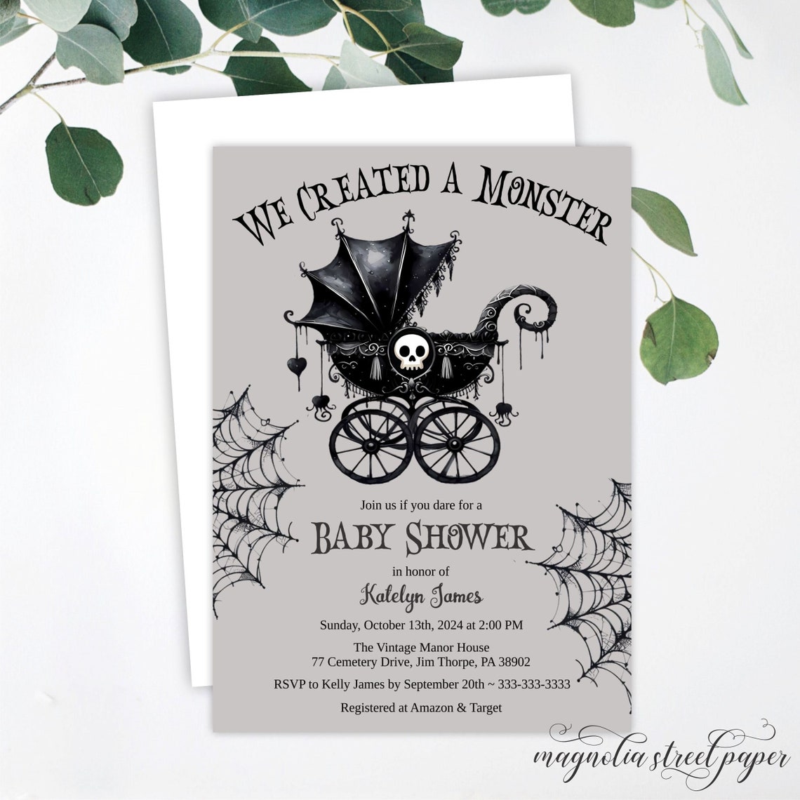 Halloween Goth Baby Shower Invitation, We Created A Monster Gender Neutral, Spooky Baby Carriage and Spider Webs, Printable or Printed image 1