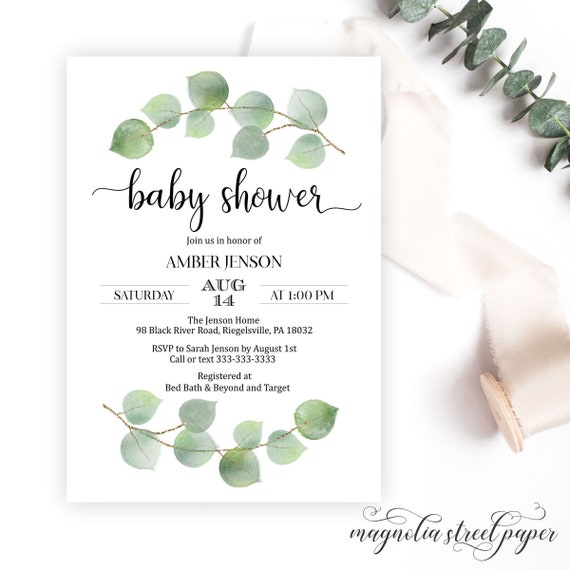 Eucalyptus Baby Shower Invitation, Watercolor Greenery and Gold Gender Neutral Baby invite, Printable or Printed