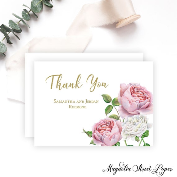 Pink Roses and Gold Thank You Card, Blush Floral Blank Note Card for