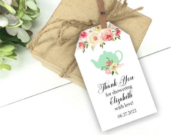 Bridal Tea Favor Tags, Blush Floral and Mint Teapot Thank You Tags, Vintage Shabby Bag or Hang Tags, Printable or Printed, A1