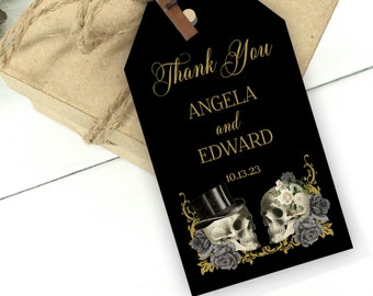 Halloween Goth Favor Tags, Skulls, Gray Flowers, Vintage Style Thank You Tags for Wedding, Bridal, Baby Shower, Printable or Printed