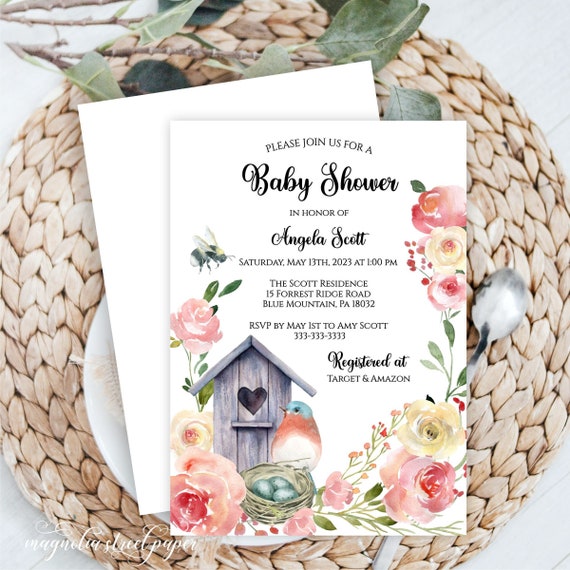 Bluebird Baby Shower Invitation, Pink and Blush Floral Baby Girl Invite, Spring Feather Her Nest Shower or Sprinkle, Printable or Printed