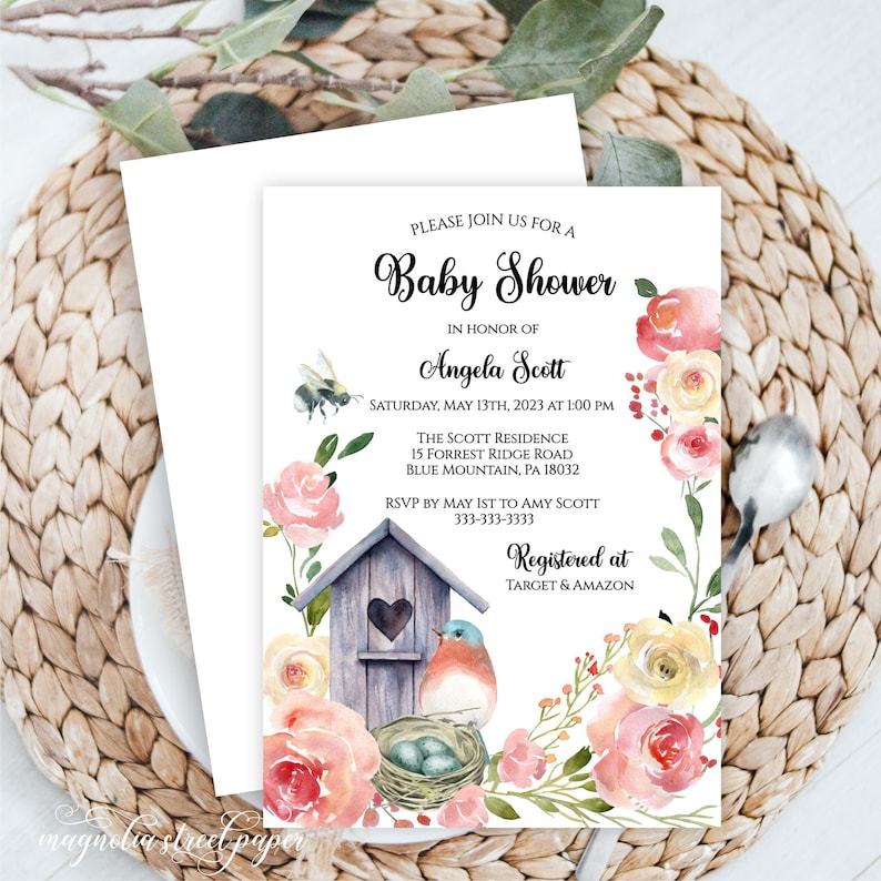 Bluebird Baby Shower Invitation, Pink and Blush Floral Baby Girl Invite, Spring Feather Her Nest Shower or Sprinkle, Printable or Printed image 1