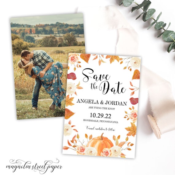 Fall Save the Date With Photo, Autumn Leaves and Pumpkin Wedding Announcement, October or Halloween Wedding, Digital or Printed Il_570xn