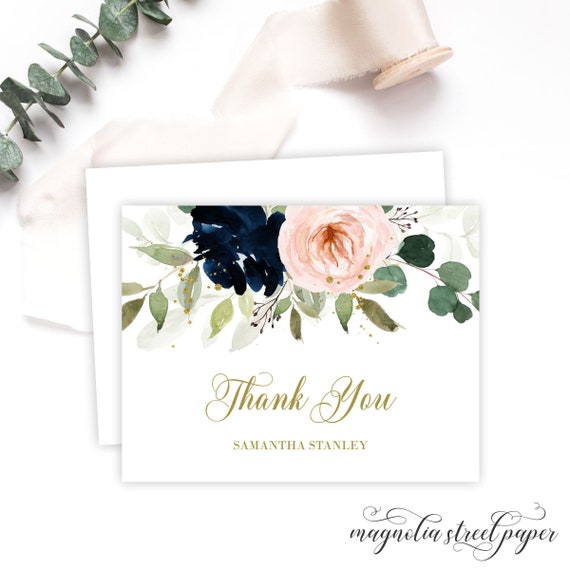 Navy and Blush Floral Thank You Cards, Dreamy Watercolor Note Cards, For Wedding, Bridal or Baby Shower, Printed Cards with Envelopes Il_570xn