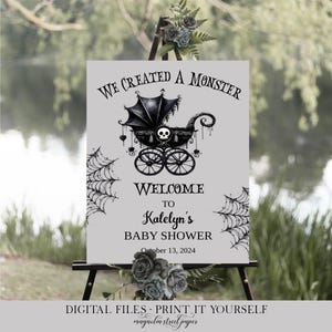 Halloween Baby Shower Welcome Sign, We Created A Monster, Whimsical Creepy Baby Carriage Signage, Gothic Gender Neutral, Printable