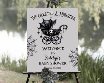 Halloween Baby Shower Welcome Sign, We Created A Monster, Whimsical Creepy Baby Carriage Signage, Gothic Gender Neutral, Printable