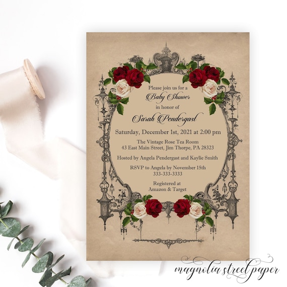 Winter Baby Shower Invitation, Vintage Goth Burgundy and Blush Floral, Baby Girl Christmas, December Shower, Printable or Printed