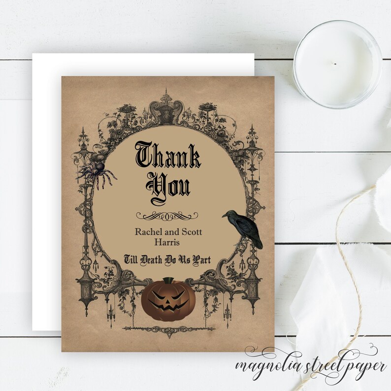 Halloween Gothic Thank You Cards, Printed Till Death Do Us Part Wedding or Shower Note Cards, Thank Yous image 1