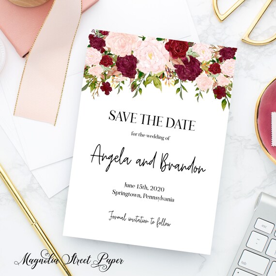 Burgundy and Blush Floral Save the Date Invitation, Watercolor Marsala Wedding Announcement, Boho Floral, Printable or Printed