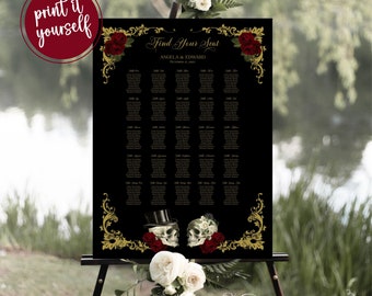 Halloween Goth Wedding Seating Chart Sign, Vintage Skulls and Burgundy Flowers Guest List Signage, Table Seating Plan, Printable, S1