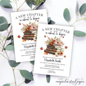 Fall Book Themed Bridal Shower Invitation, Vintage Books and Autumn Flowers and Leaves, A New Chapter About To Begin, Printable or Printed Bild 2