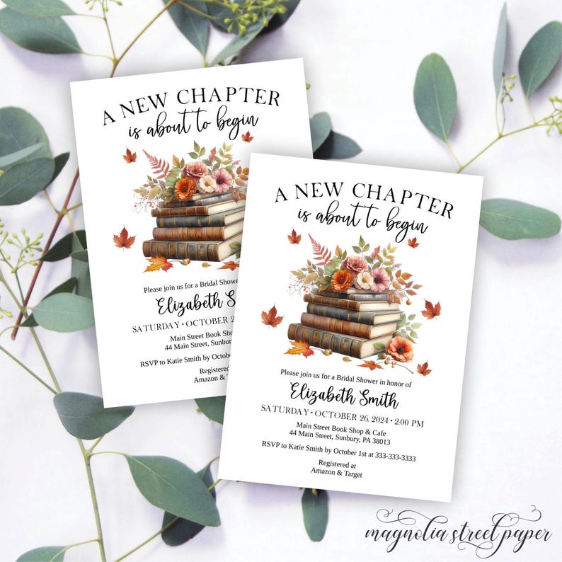 Fall Book Themed Bridal Shower Invitation, Vintage Books and Autumn Flowers and Leaves, A New Chapter About To Begin, Printable or Printed Bild 2