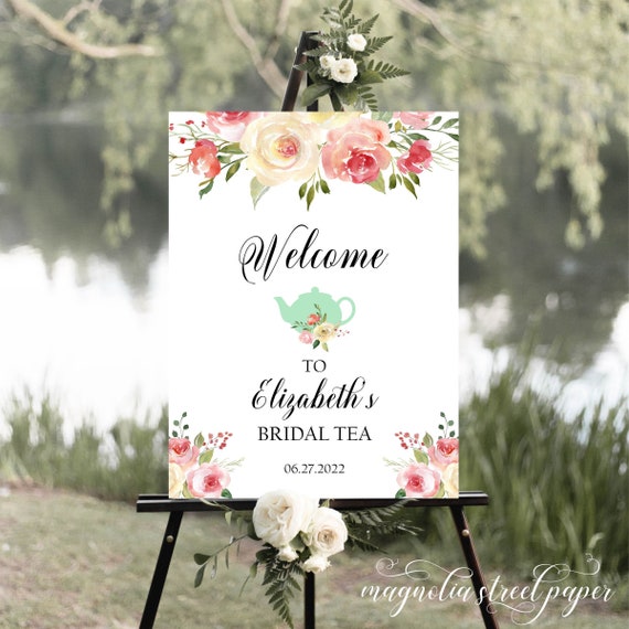 Bridal Tea Shower Welcome Sign, Blush Floral and Mint Teapot Tea Party Decor, Par-Tea Reception Sign, Printable, A1