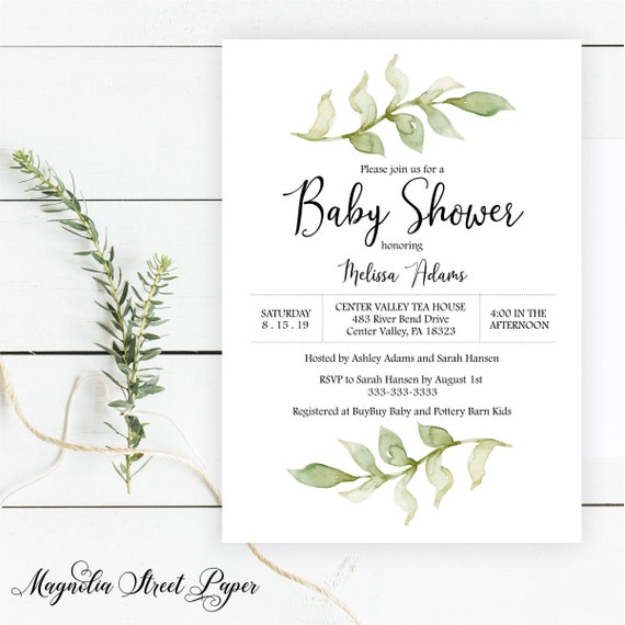 Watercolor Greenery Baby Shower Invitation, Minimal Simple Botanical Fern Gender Neutral invite, Printable or Printed