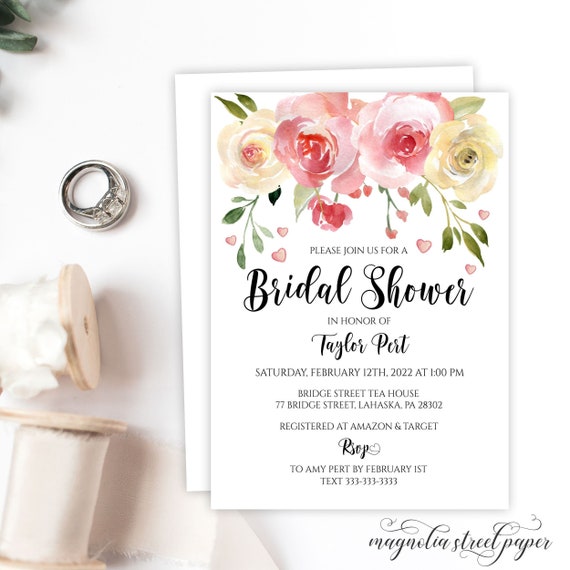 Blush Bridal Shower Invitation, Valentine Wedding Shower Invite, Pink White Floral Watercolor, Printable or Printed, P2 Il_570xn
