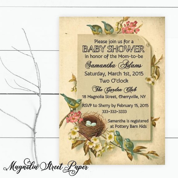 Vintage Bird and Nest Baby Shower Invitation, Gender Neutral Spring Summer Floral Garden Invite, Printable or Printed Il_570xn
