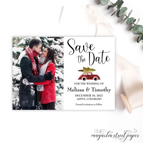 Photo Save the Date Card, Red Bug and Christmas Tree, Holiday Wedding Announcement Invitation With Picture, Printable or Printed