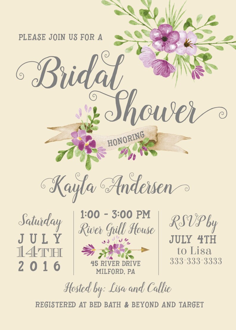 Purple Floral Bridal Shower Invitation Lavender Watercolor Etsy