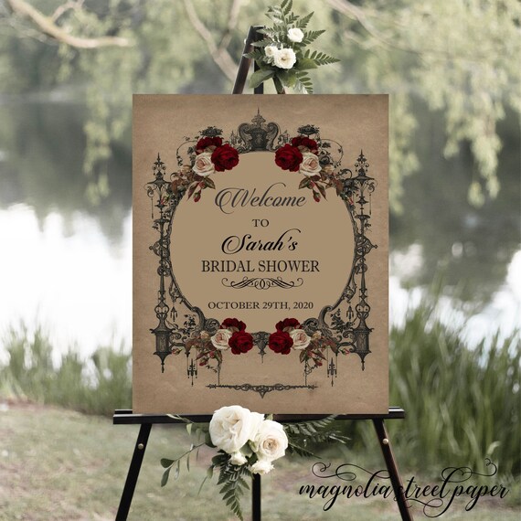Elegant Vintage Goth Bridal Shower Welcome Sign, Halloween Wedding Shower Sign With Burgundy Flowers, Printable