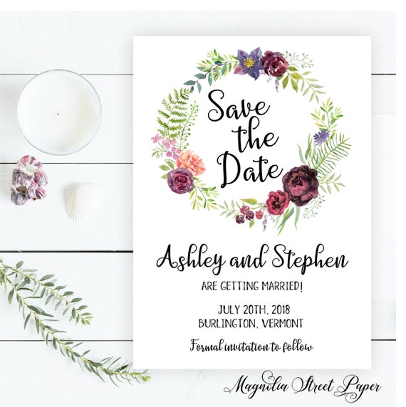 Floral Wreath Save the Date, Burgundy Botanical Greenery Wedding Announcement, Boho Garden Watercolor, Printable or Printed