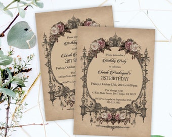 Elegant Vintage Goth Birthday Invitation, Haunted Gothic Halloween Adult or Baby Party Invite, Blush Roses, Printable or Printed, V1