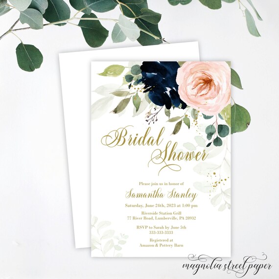 Navy and Blush Floral Bridal Shower Invitation, Dreamy Watercolor Wedding Shower Invite, Boho Pink Blue Greenery, Printable or Printed Il_570xn