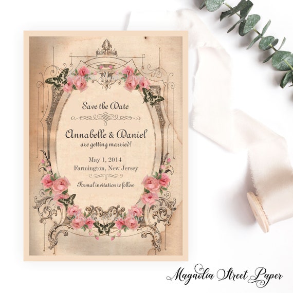 Shabby Vintage Save the Date, Pink Roses and Butterflies Fairy Tale Wedding Announcement, Elegant and Romantic, Printable or Printed Il_570xn
