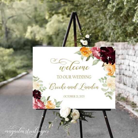 Fall Wedding Welcome Sign, Watercolor Orange, Burgundy and Pink Floral Autumn Reception Signage, Poster Party Decor, Printable, F1