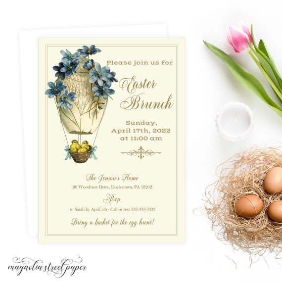 Easter Brunch Invitation, Vintage Style Easter Dinner, Birthday or Egg Hunt Party Invite, Chick and Egg, Blue Gold, Printable or Printed Il_570xn
