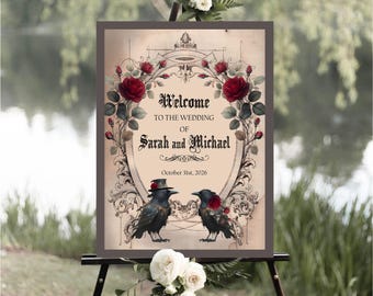 Halloween Raven Couple Wedding Welcome Sign, Vintage Goth Reception, Crows and Burgundy Flowers, Printable