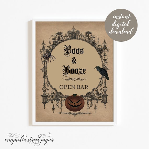 Open Bar Wedding Sign, Printable Boos and Booze  Halloween Gothic Wedding Sign, Spooky Vintage Reception Decor, Instant Download