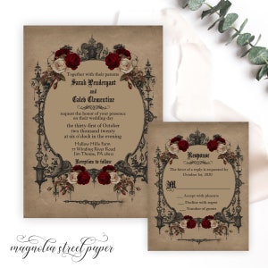 Elegant Vintage Goth Wedding Invitation, Halloween Wedding Invite, Haunted Gothic Theme with Burgundy Roses, Printable or Printed, V3