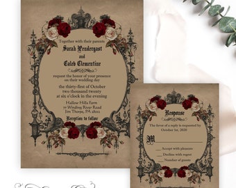 Elegant Vintage Goth Wedding Invitation, Halloween Wedding Invite, Haunted Gothic Theme with Burgundy Roses, Printable or Printed, V3