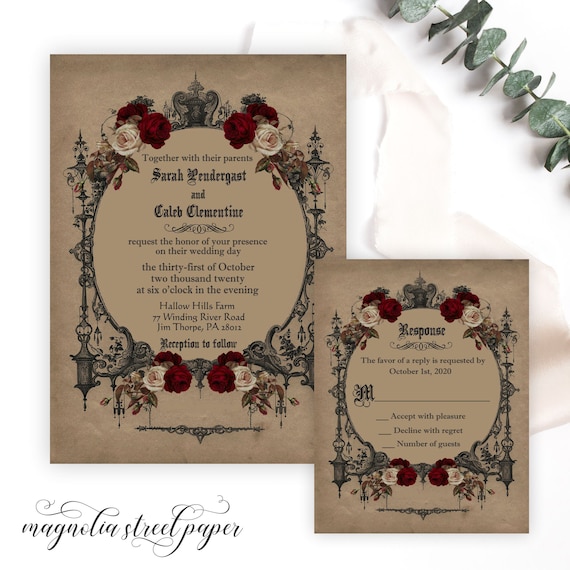 Elegant Vintage Goth Wedding Invitation, Halloween Wedding Invite, Haunted Gothic Theme with Burgundy Roses, Printable or Printed