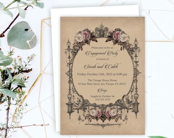 Elegant Goth Engagement Party Invitation, Vintage Style Halloween, Gothic Invitations, Blush Roses Romantic, Printable or Printed, V1