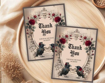 Halloween Gothic Thank You Cards, Vintage Raven Wedding or Bridal Shower Note Cards, Printed with Envelopes