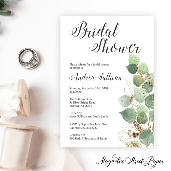Eucalyptus and Gold Bridal Shower Invitation, Watercolor Greenery Wedding Shower Invite, Boho, Woodland, Printable or Printed