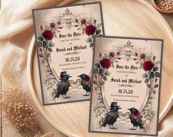 Gothic Ravens Save the Date Invitation, Vintage Halloween Crow Wedding Announcement, Printable or Printed