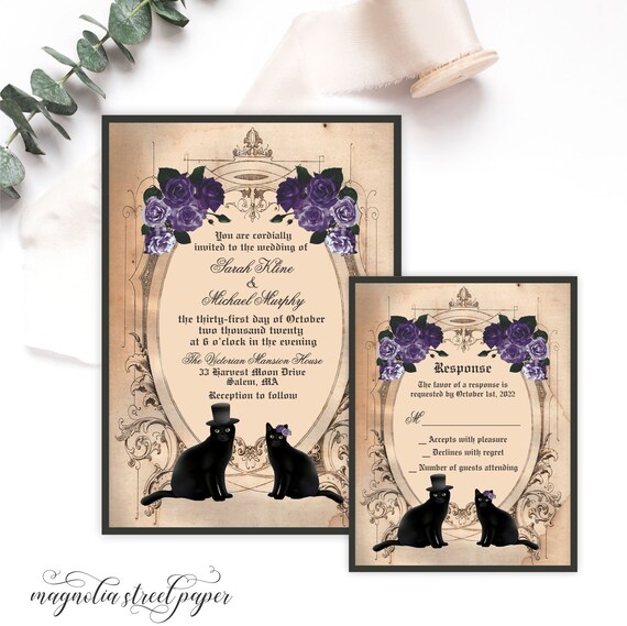 Black Cat Wedding Invitation, Vintage Halloween Cat Couple Wedding Invite, Goth Dark Purple Floral, Printable or Printed