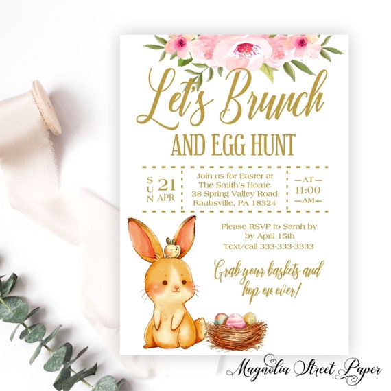 Easter Brunch and Egg Hunt Party Invitation, Spring Floral Bunny Invite, Family Celebration, Printable or Printed Il_570xn