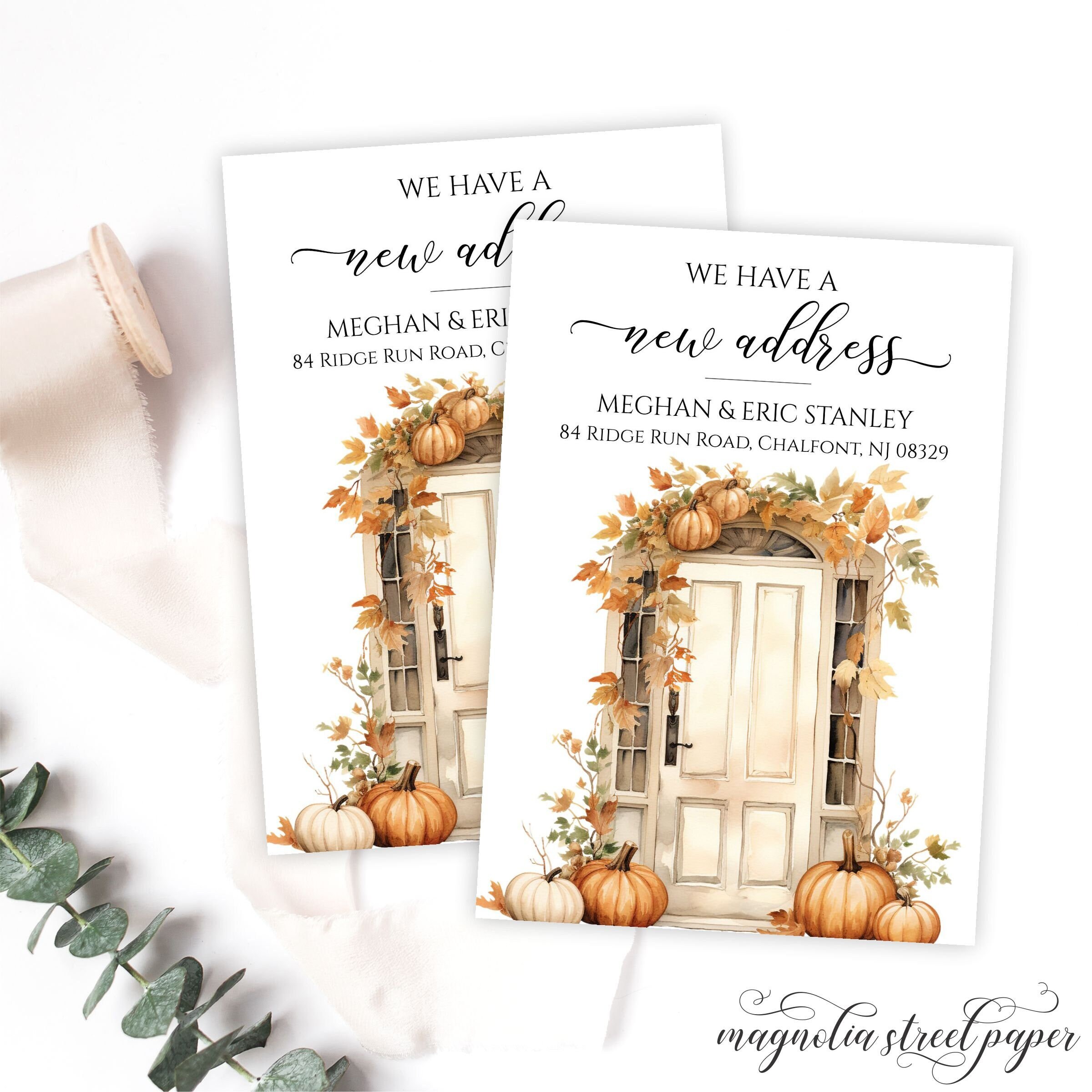 Fall New Address Change Card, Autumn Front Door, New Season New Address, I Moved Notification, Pumpkins and Leaves, Printable or Printed