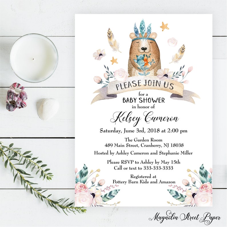 Bear Baby Shower Invitation, Floral Boho Woodland Invite, Pink and Blue Gender Neutral, Forest Flowers and Feathers, Printable or Printed image 1