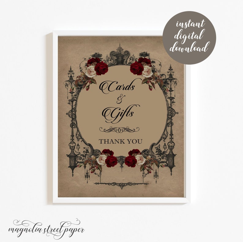 Cards and Gifts Sign Printable Halloween Gothic Wedding Sign Vintage Burgundy Floral Reception Decor Instant Download